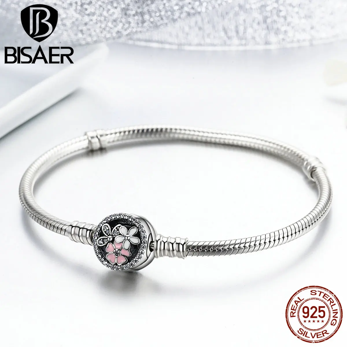 BISAER, 925 пробы, серебряный, розовый цветок, поэтическая Маргаритка, вишневый цвет, базовый браслет-цепочка для женщин, модное ювелирное изделие, HJS919