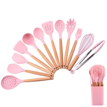 

Hot selling silica gel wooden handle kitchen utensils 12 piece set of non stick spatula spoon tool set kitchen cooking utensils