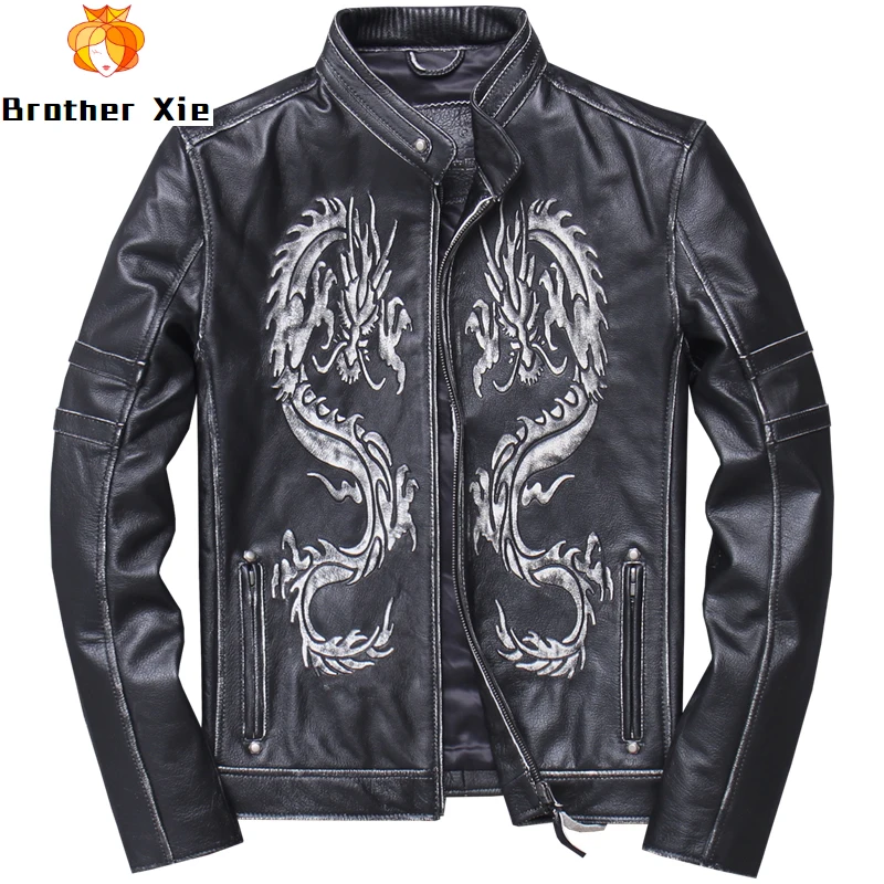

Genuine Leather Jacket Men's Fashion Black Slim Real Cowhide Leather Jacket for Male R3095