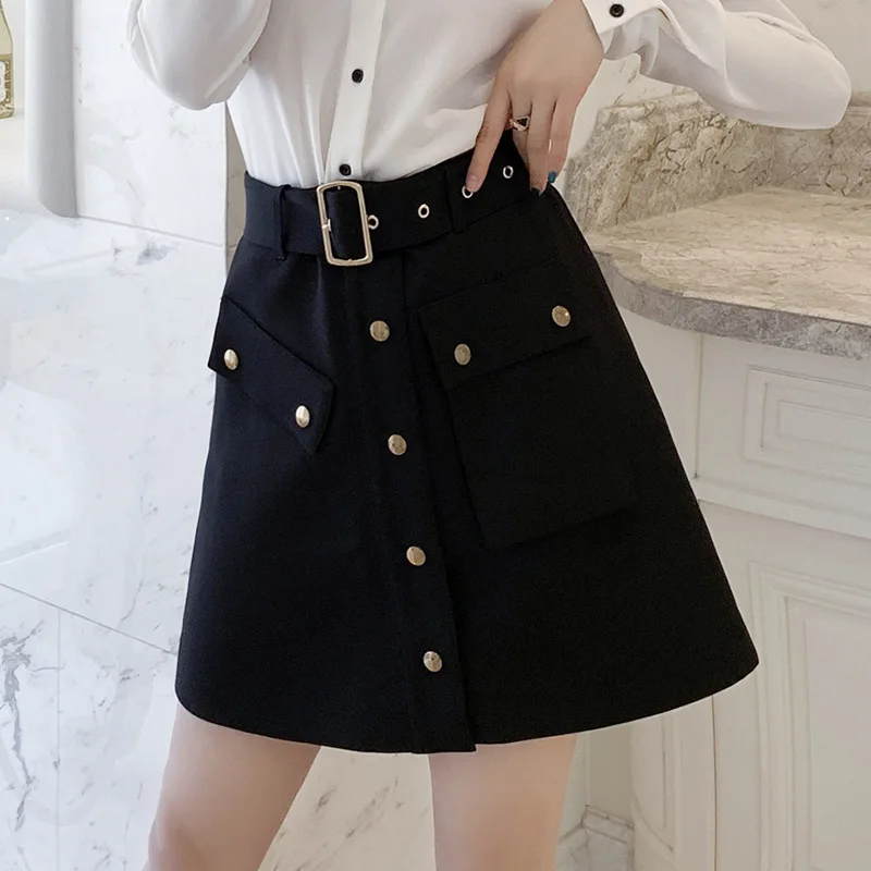 

Skirt 2019 Autumn Clothing Ol Career Elegant Fastener Decoration Lace-up Waist Hugging Slimming A- line Short Skirt