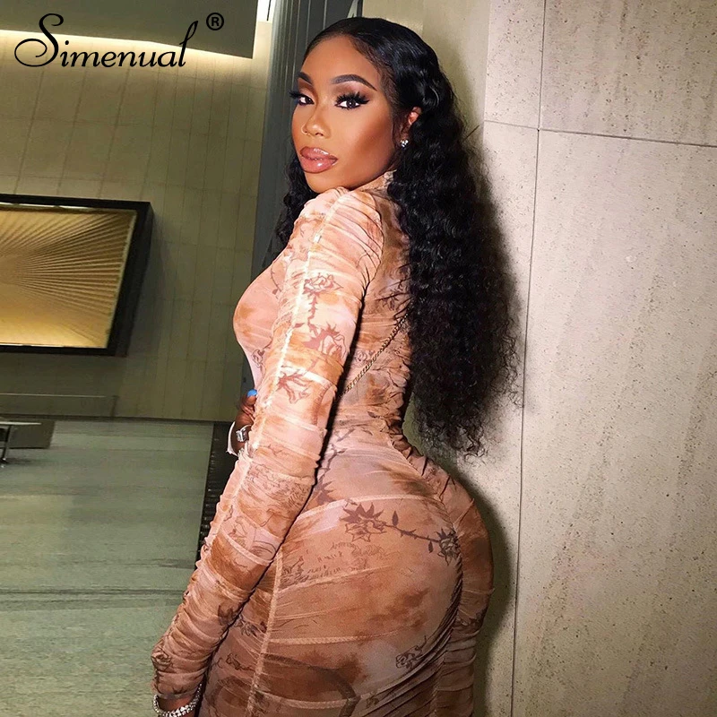 Simenual Mesh Transparent Sexy Party Dress Women Ruched Long Sleeve Fashion 2019 Clubwear Printed Skinny Bodycon Mini Dresses Simenual Mesh Transparent Sexy Party Dress Women Ruched Long Sleeve Fashion 2019 Clubwear Printed Skinny Bodycon Mini Dresses