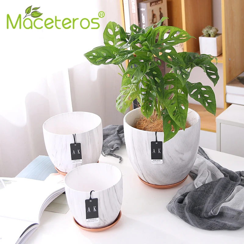 

Modern Marble Pattern Ceramic Flower Pot Literary Simple With Tray Plant Pot Gardening Green Home Plant Frame Decoration Supples