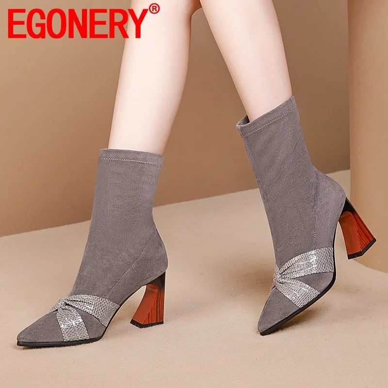 

EGONERY ankle boots 2019 autumn new fashion sexy pointed toe slip-on plus size mixed colors women shoes super high heels shoes