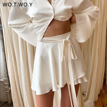 

WOTWOY Summer Silk Mini Skirts Women High Waist A-Line Loose Skirt Women Soft Black White Skirts Femme Sashes Solid Sexy Jupe