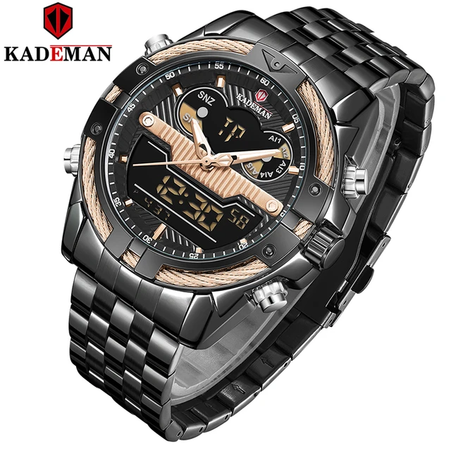 KADEMAN Gold Watch Men Dual Display Wristwathes Stainless Steel Digital Quartz Sport Men's Watches 2021 Luxury Brand Waterproof Black rose