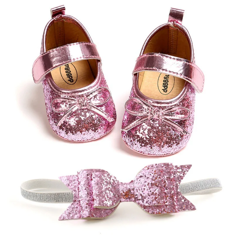 Sequins Baby Shoes Leather Toddler Baby Girl First Walkers Sets Headband Bow-knot Soft Sole Hook & Loop Bling Shoes for Girls