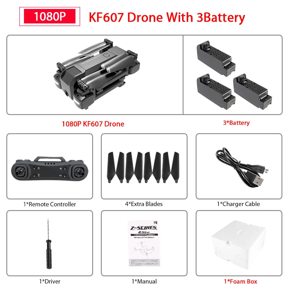 1080P 3B Foam Box KF607 WI-FI FPV RC складной Дрон широкоугольная HD 1080P 4K Камера «Безголовый» режим оптического потока давление, высота над уровнем моря удерживают Квадрокоптер - Цвет: 1080P 3B Foam Box