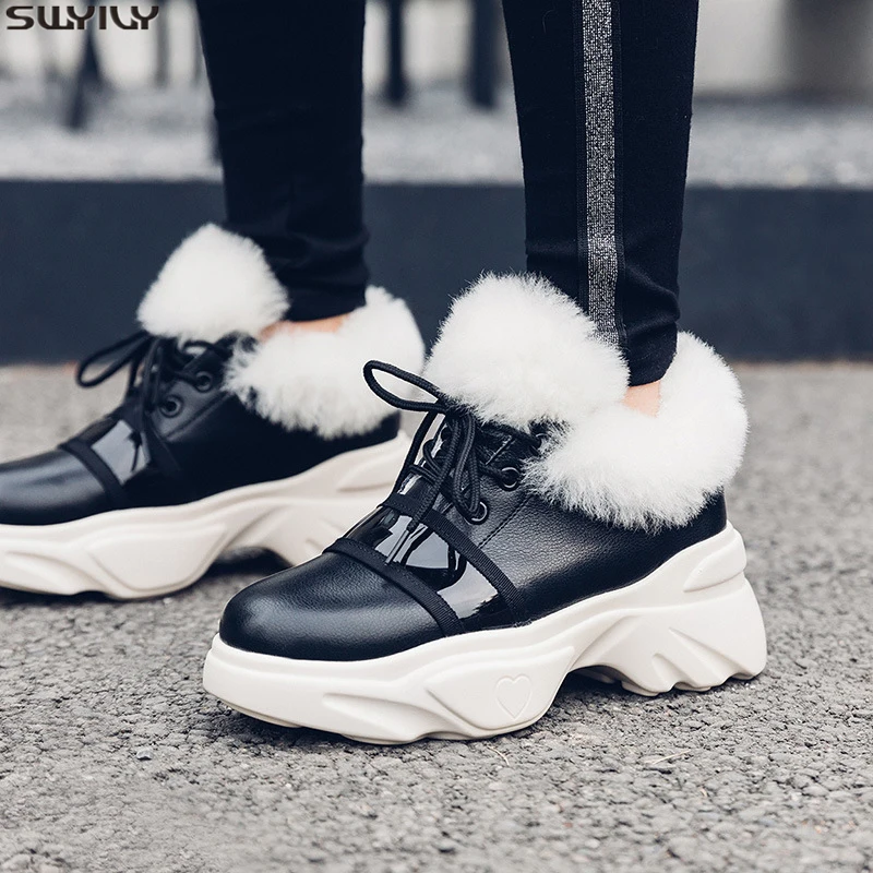 

SWYIVY 35-42 Genuine Leather Wedges Shoes Woman Winter Boots 2019 Platform Ankle Boots Female Shoes Short Plush Ladies Booties