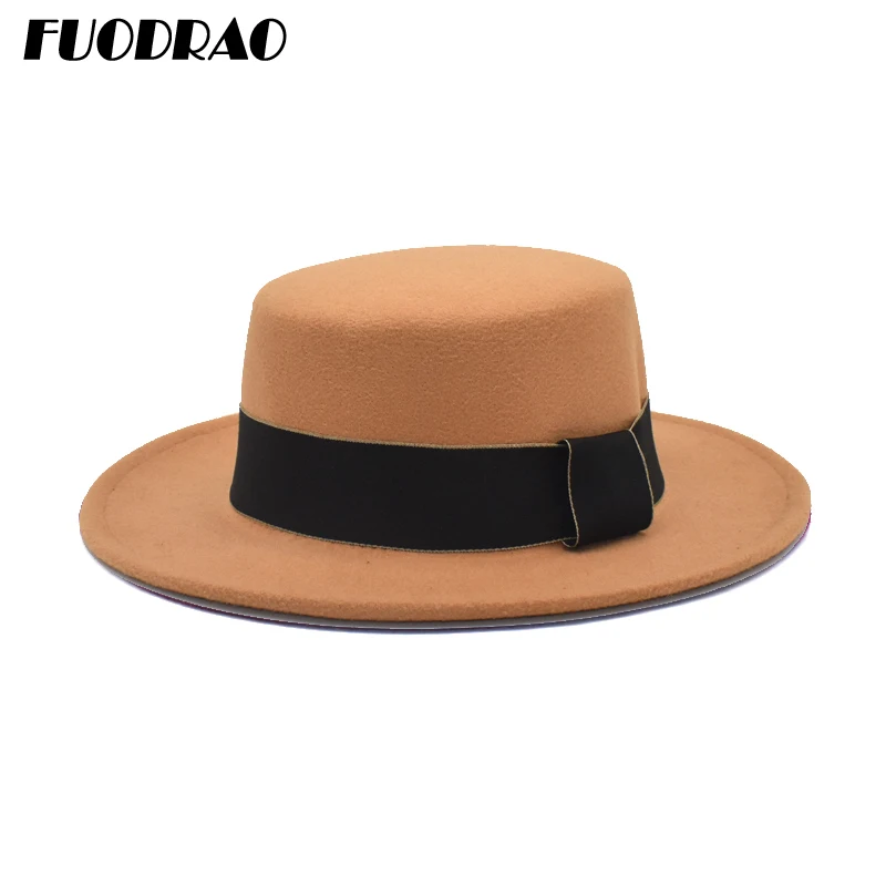 

FUODRAO New Classic Wool Fedora Hat Women Solid Colors Flat Top Bowler Hats Wide Brim Jazz Cap Vintage Panama P32