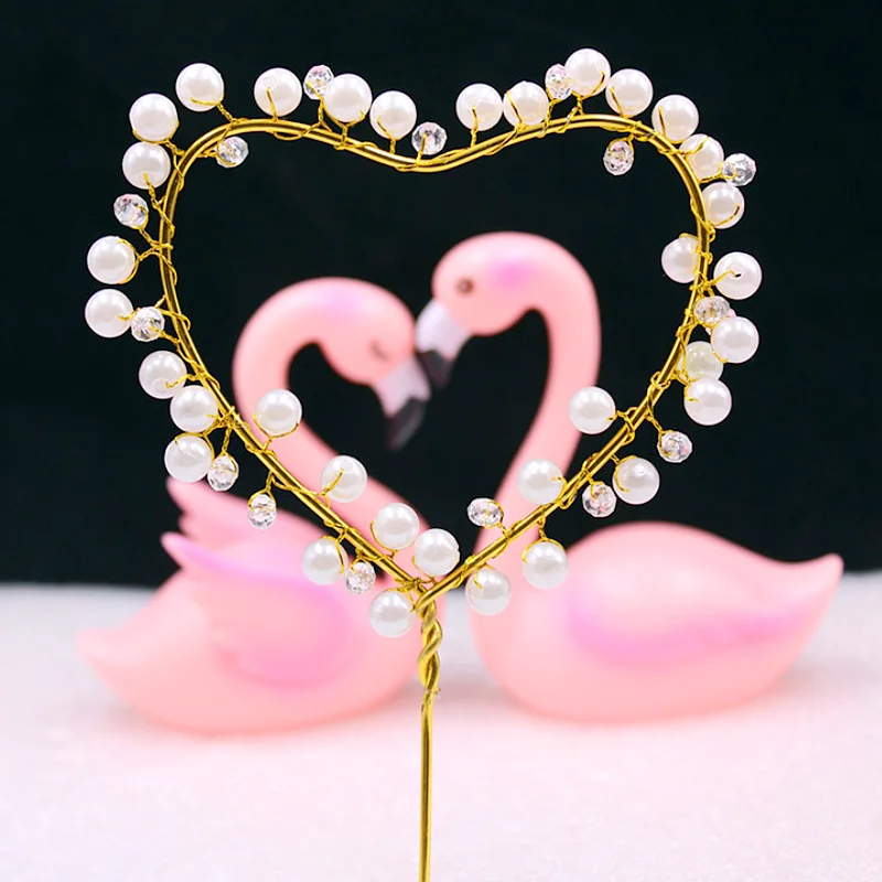 Artificial crystal pearl metal wrought iron cake topper Romantic Heart shape Cake insert flag Wedding Birthday party Decoration - Цвет: Золотой