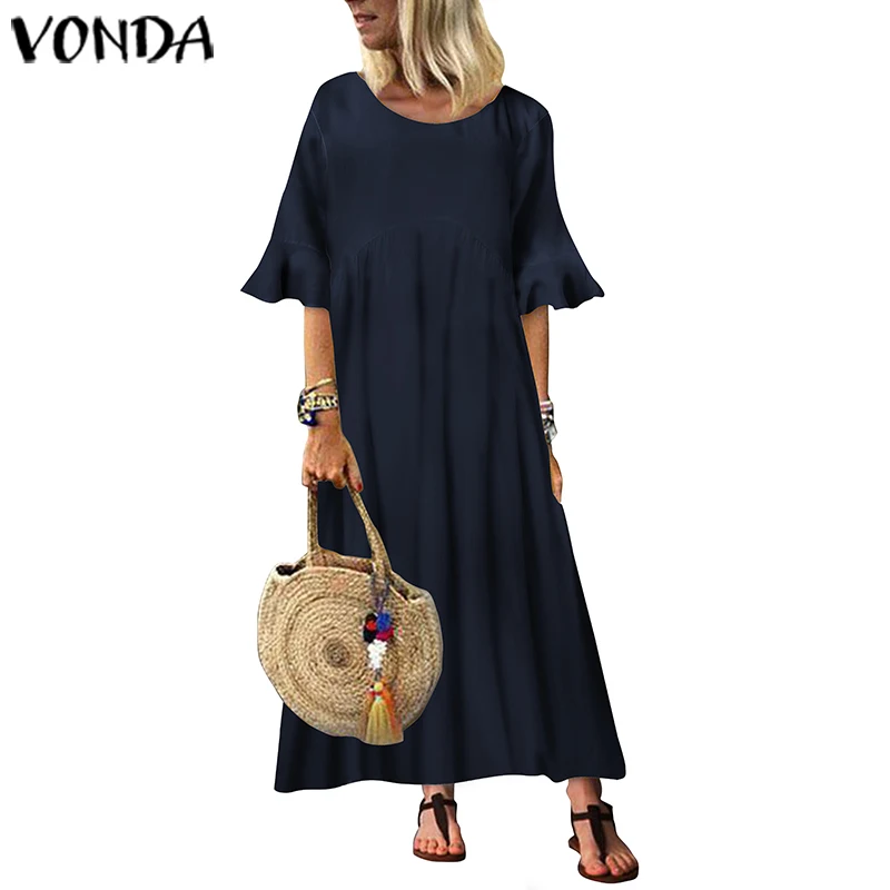 VONDA, летний сарафан, половина рукава, гофрированное платье, Женские однотонные длинные платья макси размера плюс, пляжные платья, Femme Robe S-5XL