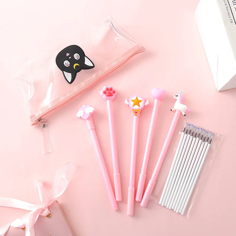 

Sailor Moon Luna Cat Cartoon Card Captor Cardcaptor Sakura Pink Cute Lovely Pencil Pen with Bag Set Cosplay Props Gift for Girl