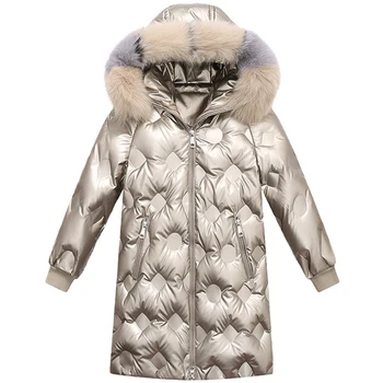 

Benemaker Winter Snowsuit Children Plus Down Windbreaker For Girl Fur Collar Long Jacket Parka Baby 12T 14T Kid Shiny Coat NA145