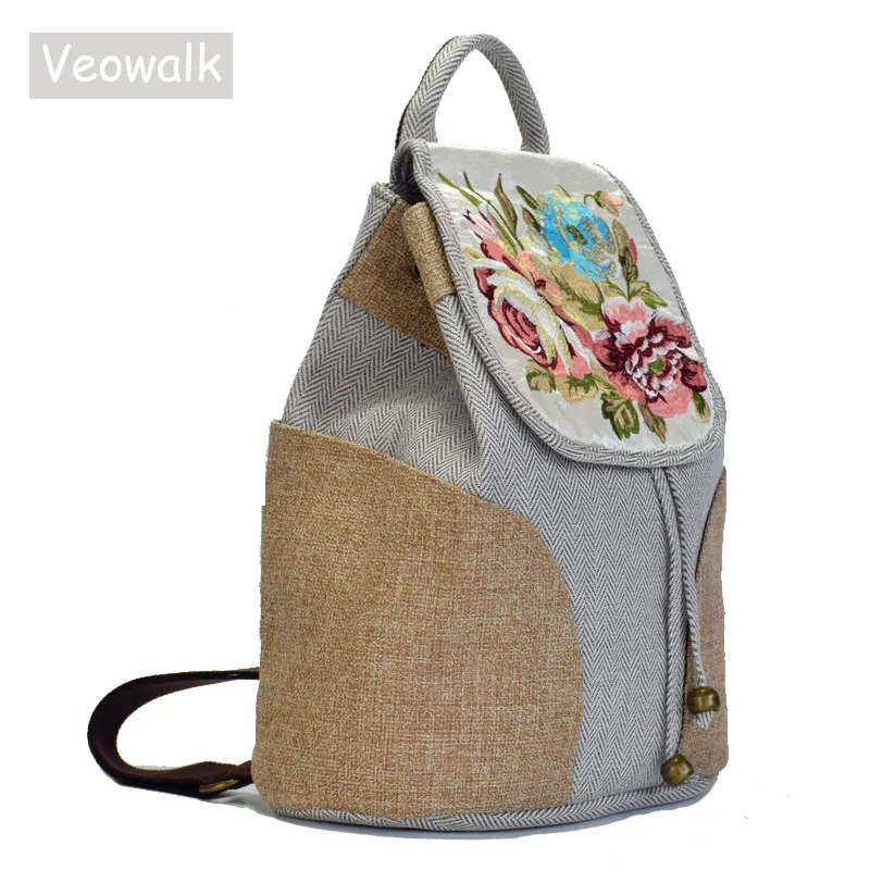 

Veowalk Chinese Embroidery Women's Drawstring Canvas Backpacks Handmade Patchwork Ladies Rucksacks Retro Bohemian Woman Back Bag