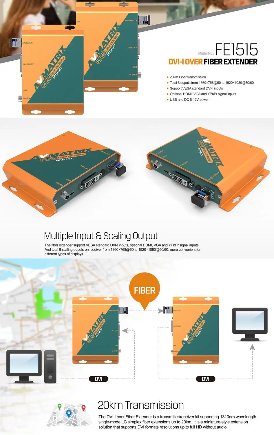 AVMATRIX FE1515 Fiber Optic RX/TX Video DVI Converter with 20km SFP LC Module Fiber Optic Extender for Monitor
