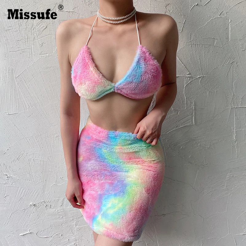 

Missufe Sexy Women 2 Piece Vest Colorful Plush Bandage Crop Top+Mini Skirt Set Backless Suits Party Clubwear Clothes Sets