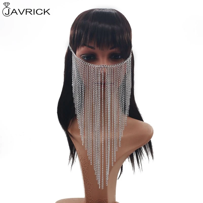 Women Multilayer Long Tassel Chains Face Mask Jewelry Head Harness