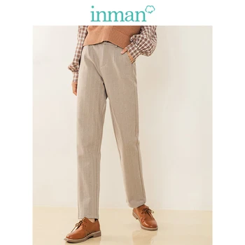 

INMAN Winter Literary Retro Half Elastic Striped Apricot Warm Women Long Pants