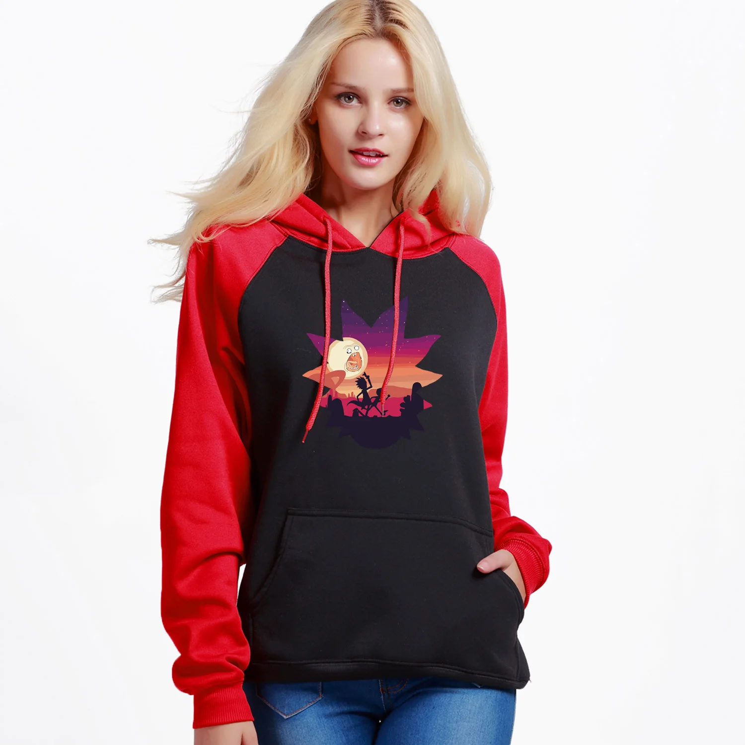 red black6 Рик и Морти Забавный мультфильм женщин толстовки с капюшоном Зима Новое поступление леди реглан флисовый спортивный костюм уличная одежда пуловер - Цвет: red black6