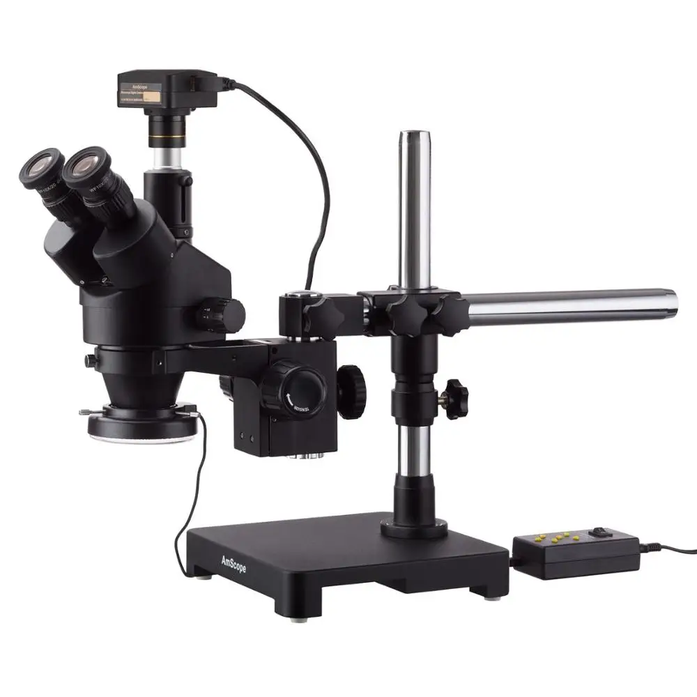 Compare 7X-45X Black Trinocular Stereo Zoom Microscope on Single Arm Boom Stand + 144 Direction Adjustable LED Ring Light & USB3.0 16MP
