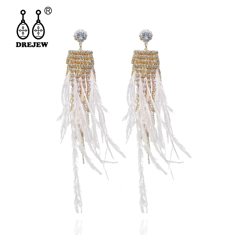 

DREJEW Pink White Gray Black Ostrich Feather with Gold Rhinestone Statement Earrings 925 Drop Earrings for Women Wedding HE845