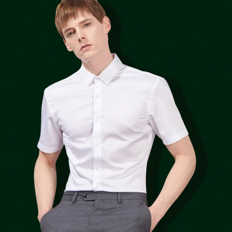 

2019 New Style Men's Short-sleeved Shirt Business Solid White Pure Cotton Men's Shirts Labour Suit Wrinkle Resistant No Iron