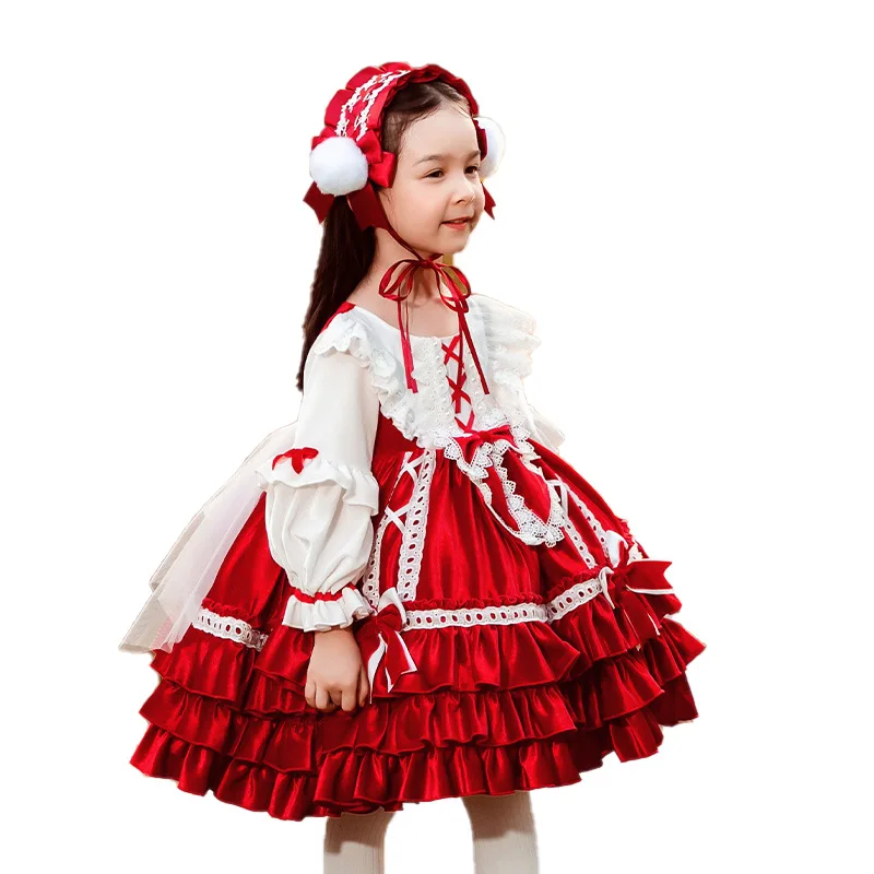 New Girls Lolita Princess Dress Autumn Velvet Red Ruffle Dress Christmas Halloween Kid Dresses Clothes Sweet Cute Birthday