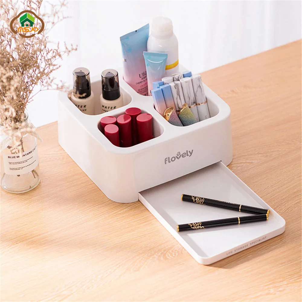 

MSJO Organizer Box Desktop Pencil Tableware with Drawer Plastic Square 4 Grid Storage Box Container Makeup Brush Storage Box
