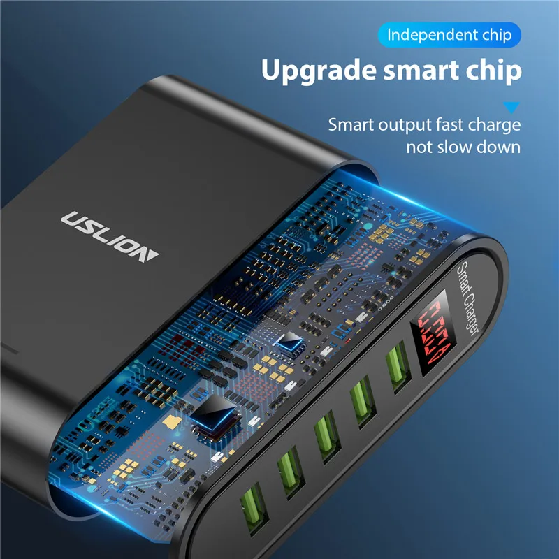 USLION 5 Port USB Charger For Xiaomi LED Display Multi USB Charging Station Universal Phone Desktop Wall Home EU US UK Plug 4