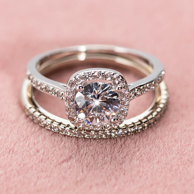 2Pcs/Set Large Cubic Zirconia Wedding Rings For Women Silver Color Crystal Lady Elegant