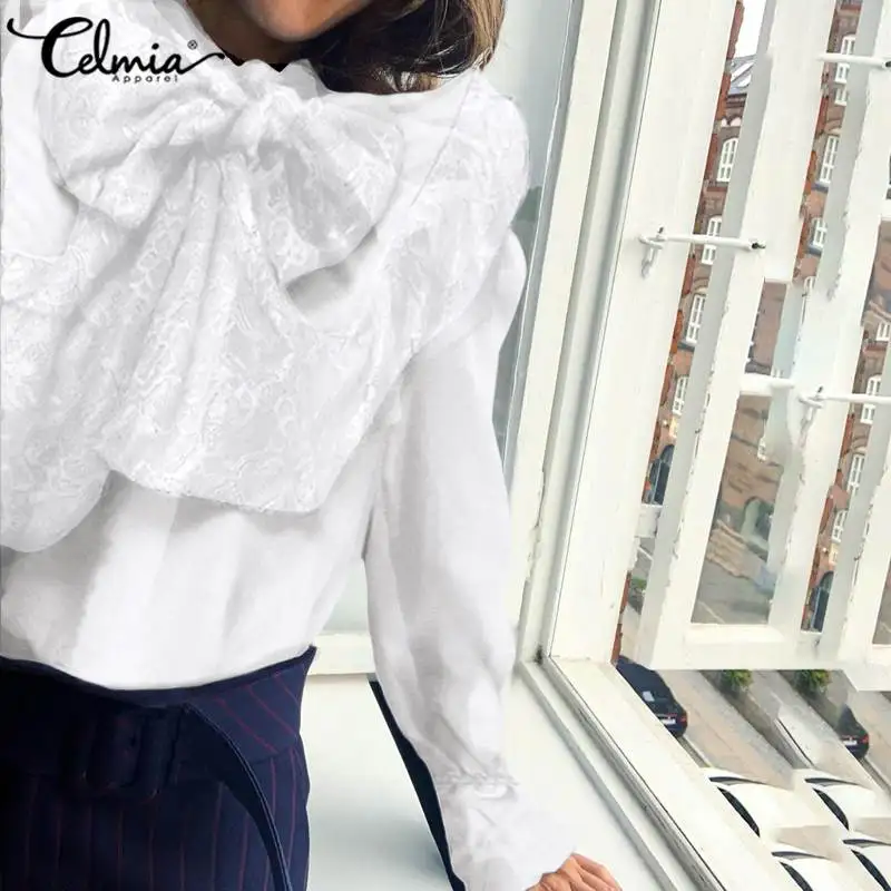Celmia Fashion Long Sleeve Lace Women Tops and Blouses 2020 Autumn Bow Collor Elegant OL Office Ladies Shirt Casual Loose Blusas