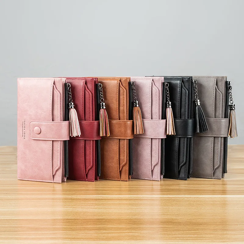 Hot Sale Women Clutch Leather Wallet New Female Tassel Wallet Women Zipper Long Purse Strap Money Bag Purse For Girl Simple