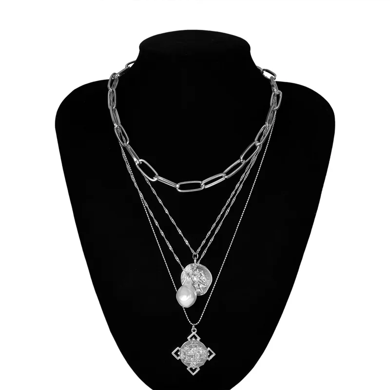 Silver PuRui многослойная цепочка на шею в стиле панк для женщин резная монета кулон ожерелье массивное ожерелье золотого и серебряного цвета воротник ювелирные изделия - Окраска металла: Silver