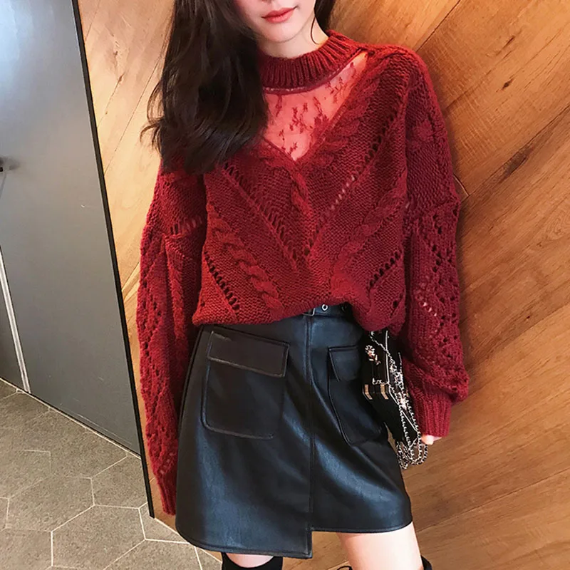 

Hollow Out Mesh Stitching Sweater Female 2019 Autumn Winter Sexy O neck Long Sleeve Pullover Sweater Casual Solid Knit Jumper