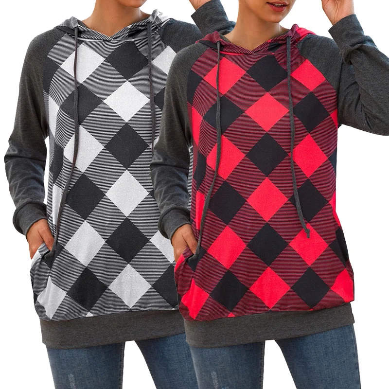 

Goocheer Women's lattice hoodies O Neck Long Sleeve Grid Stitch Hooded Sweatshirt Pullover Casual Tops moletom feminino hoodies