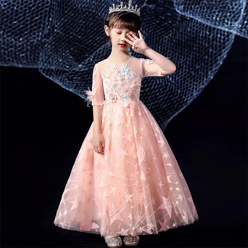 pink long dress От 3 до 15 лет девочек, детский нежный розовый цвет, с цветочной аппликацией, на день рождения, свадьбу, вечеринку, Сетчатое платье принцессы, детское платье для общения - Цвет: pink long dress