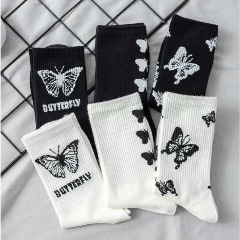 

Women Black Butterfly Long Socks Middle-Tube Sock with Print Cotton Breathable Lady Girls Streetwear Harajuku Kawaii Socks