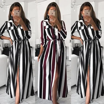 

Spring Autumn Women Dress Stripe Shirt Long Sleeve Dress High Waist Tie Up Beach Fashion Casual Elegant Dress Long Buttons Dress