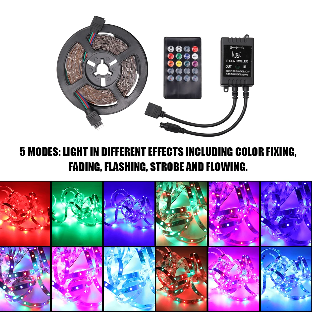 KKMOON 5 м DC12V автомобильный 60 Светодиодный/м RGB Светодиодная лента гибкий светильник музыкальный ИК пульт дистанционного управления украшение дома Светодиодная лента e аксессуары - Испускаемый цвет: A