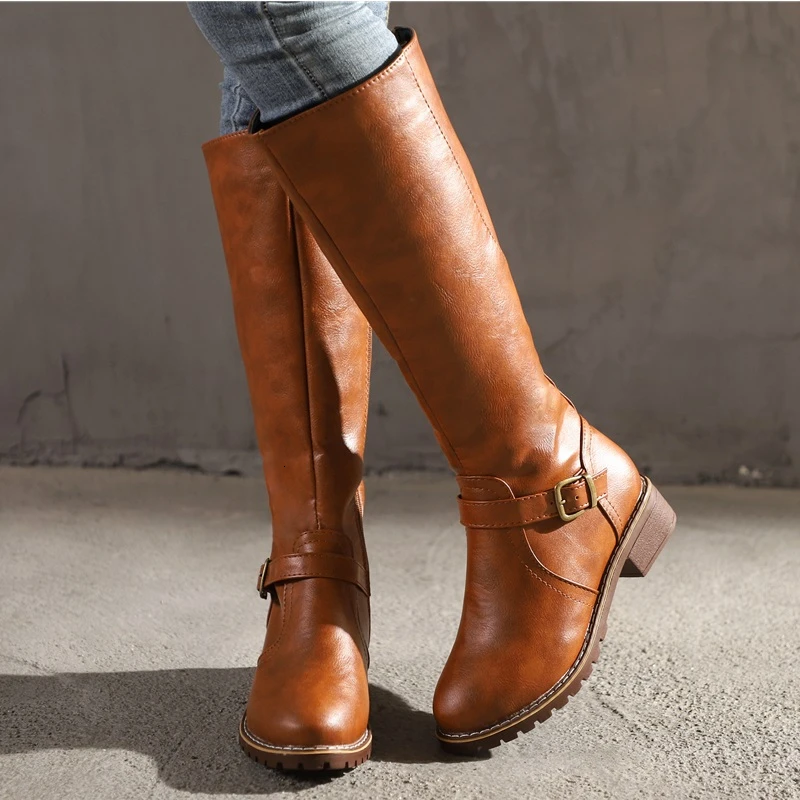 

HOT New Arrival Riding Boots Square Med Heel Fur Platform Winter Knee High Boots Women Motorcycle Boots Work Boots