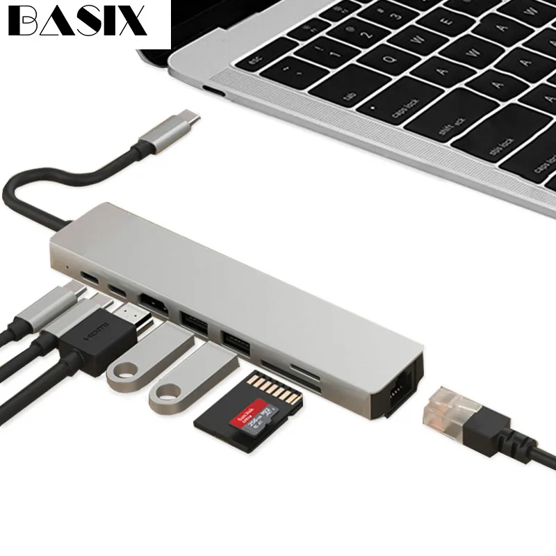 Basix USB C концентратор type c-HDMI RJ45 Ethernet несколько портов USB 3,0 концентратор type c PD адаптер питания для MacBook Pro док-станция USB-C хаб