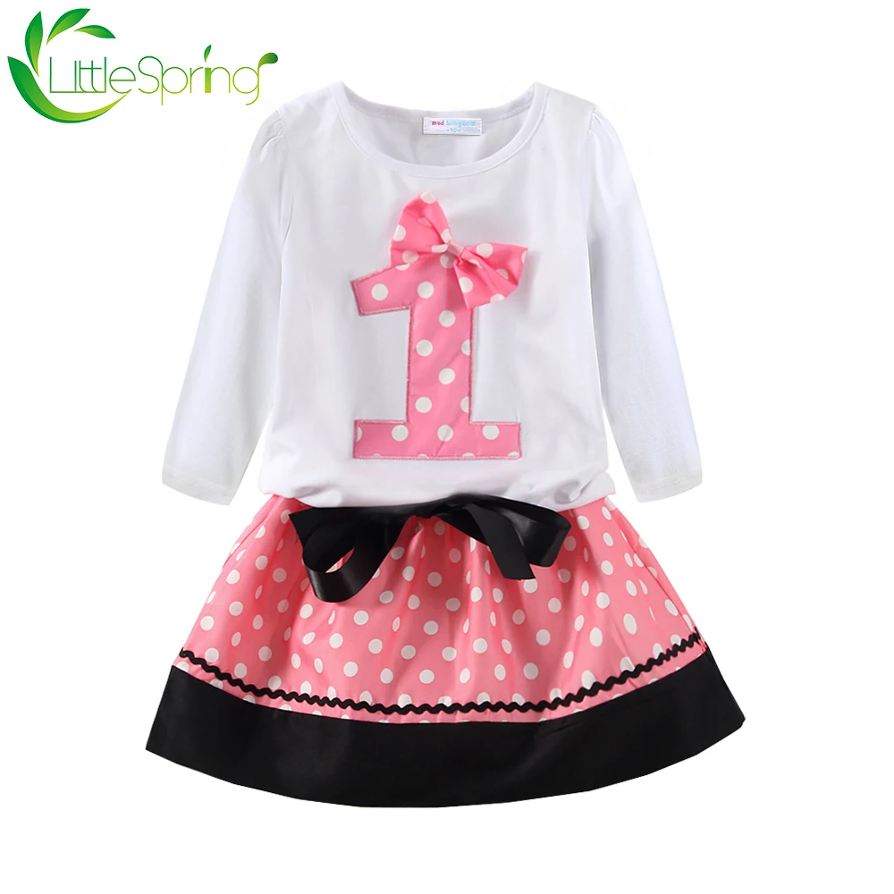 LittleSpring/наряды для девочек с цифровым узором и лентой в горошек Платье длинными