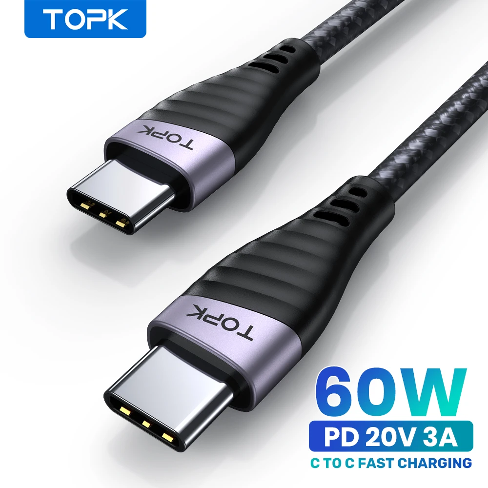 TOPK AC15 60W USB C to USB Type C Cable for MacBook Pro USBC USB-C Type-C PD Cable Fast Charging for Samsung S20 Xiaomi mi10 Pro