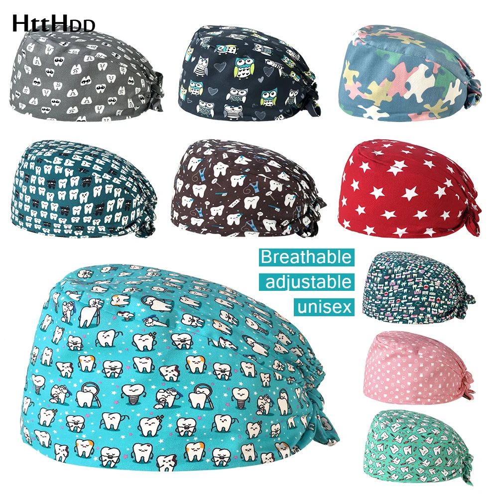 

Adjustable Frosted Cap Pure Cotton Breathable Beauty Cap Pet Cap Work Dust Cap Lab Cap With Sweatproof Band Fashion Print Cap