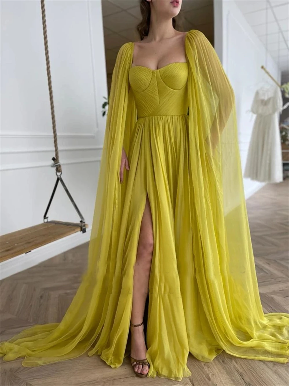 

MYYBLE элегантные тюлевые длинные накидки с разрезом по бокам трапециевидные вечерние платья Желтые шифоновые платья для выпускного вечера со шлейфом 2021