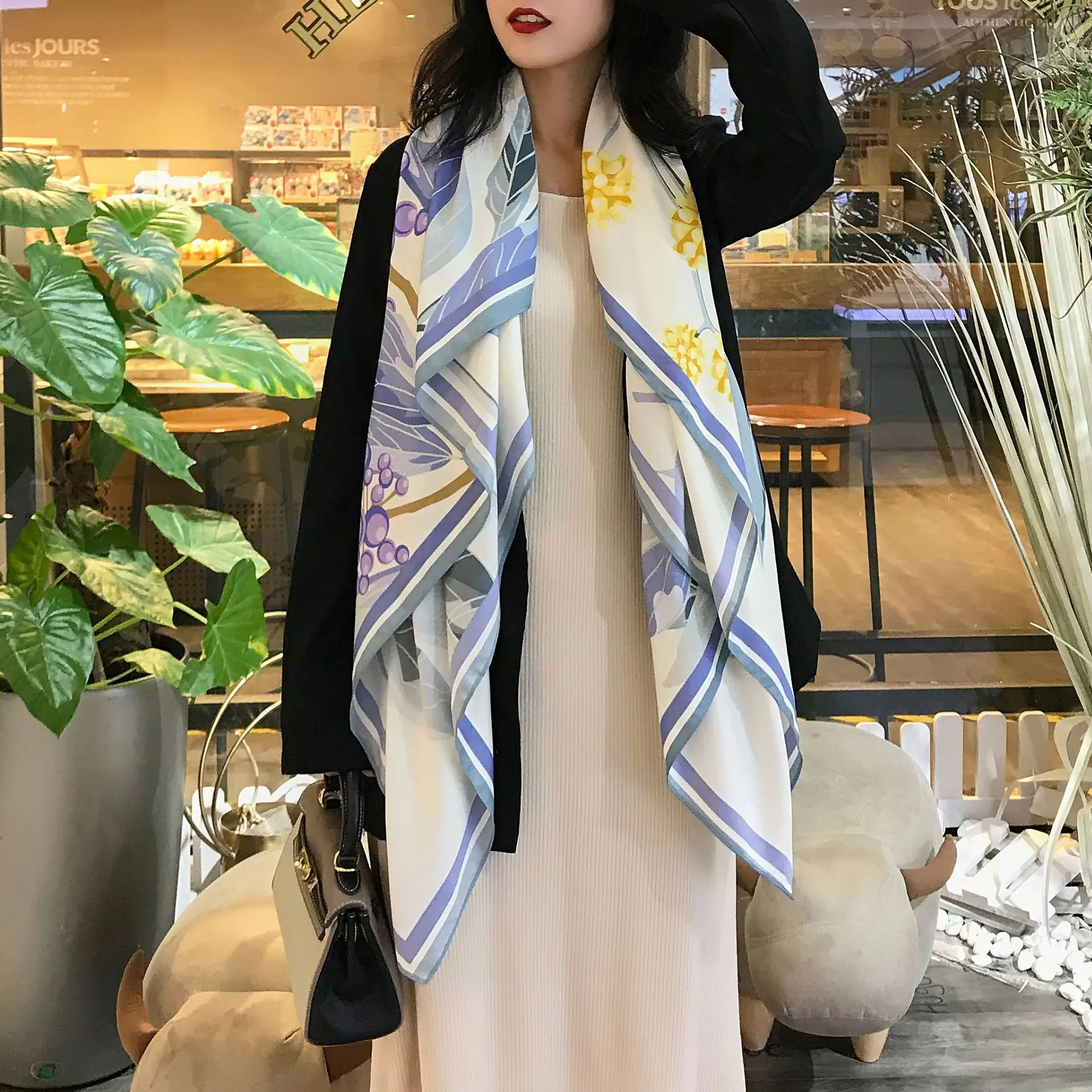 

Oloey Summer Elegant Printed 130*130 cm Scarf Women Flower Satin Square Scarf Luxury Soft Sunscreen Shawl Beach Towel For Women