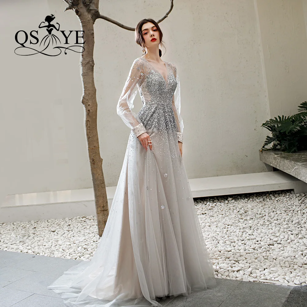 

QSYYE 2019 ever pretty Long Prom Dresses tulle v-neck full sleeves backless Beading Floor Length Formal Evening Dress Party Gown