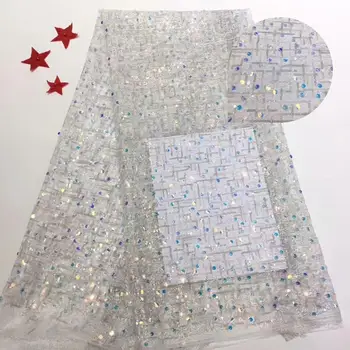 

African Lace Fabric 2019 High Quality Lace WHITE Color Embroidered Tulle Lace Fabric Nigerian Sequins Tulle Lace Fabric