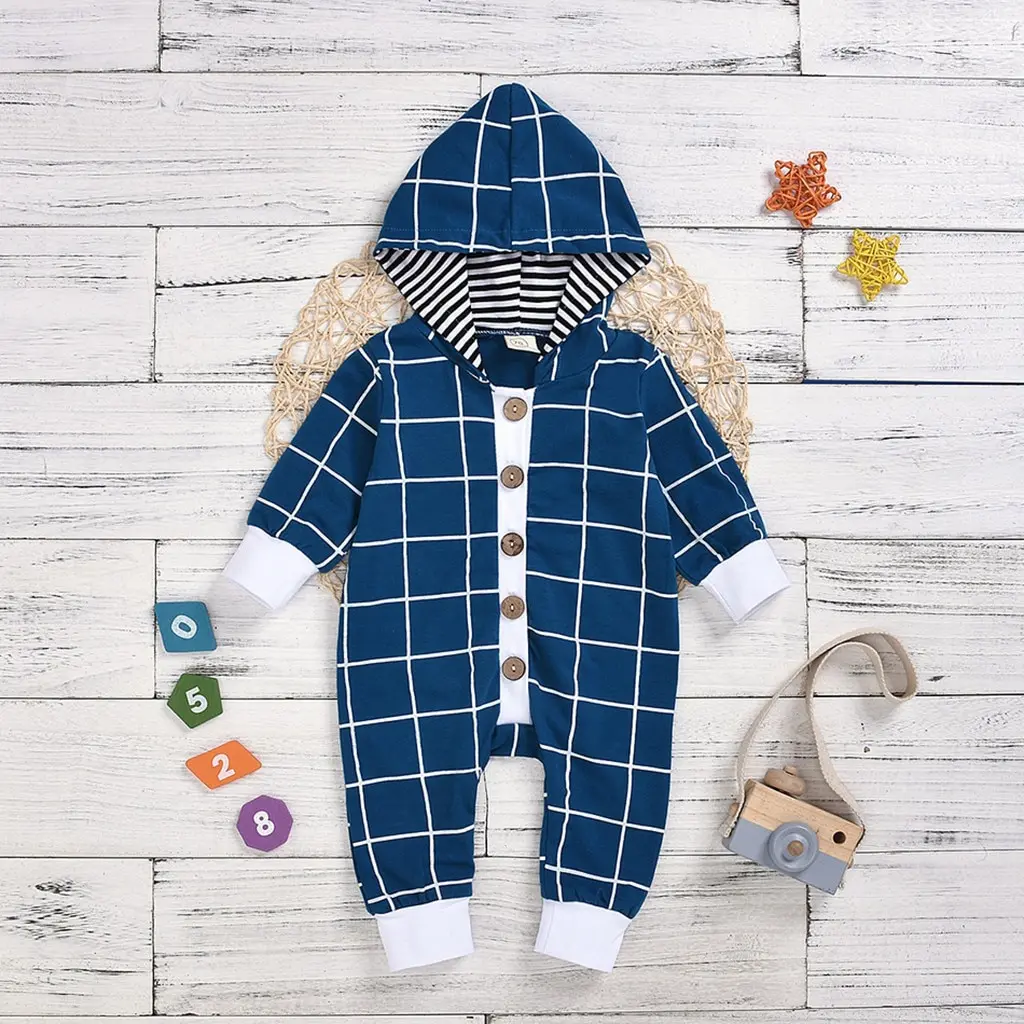 Одежда для малышей; клетчатый комбинезон с капюшоном; зимняя одежда для маленьких мальчиков; однобортный Модный комбинезон с длинными рукавами; roupa infantil Menino