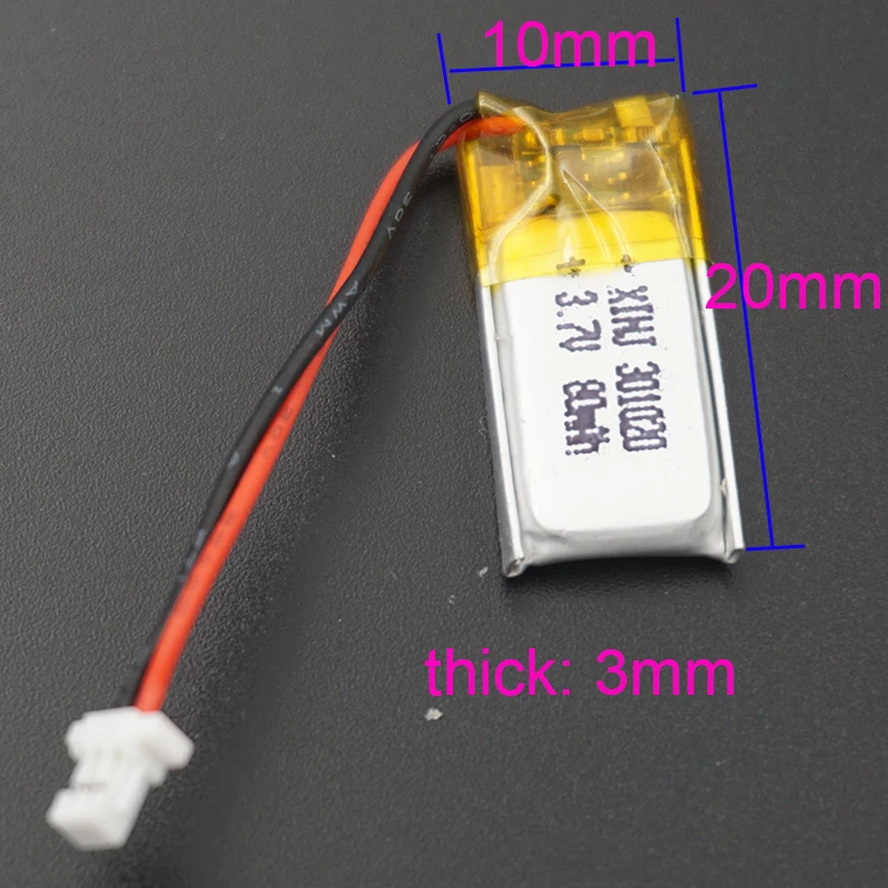 XINJ 5 шт. 3,7 в 80 мАч литий-полимерная батарея li po Liion cell 2Pin JST-PH 1,0 мм разъем 301020 для наушников bluetooth 3D очки